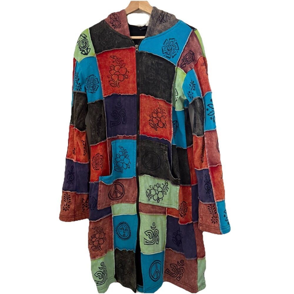 VTG Jacket Nepal Patchwork Duster Zip Hippie Indigenous Om Earthy Art Namaste